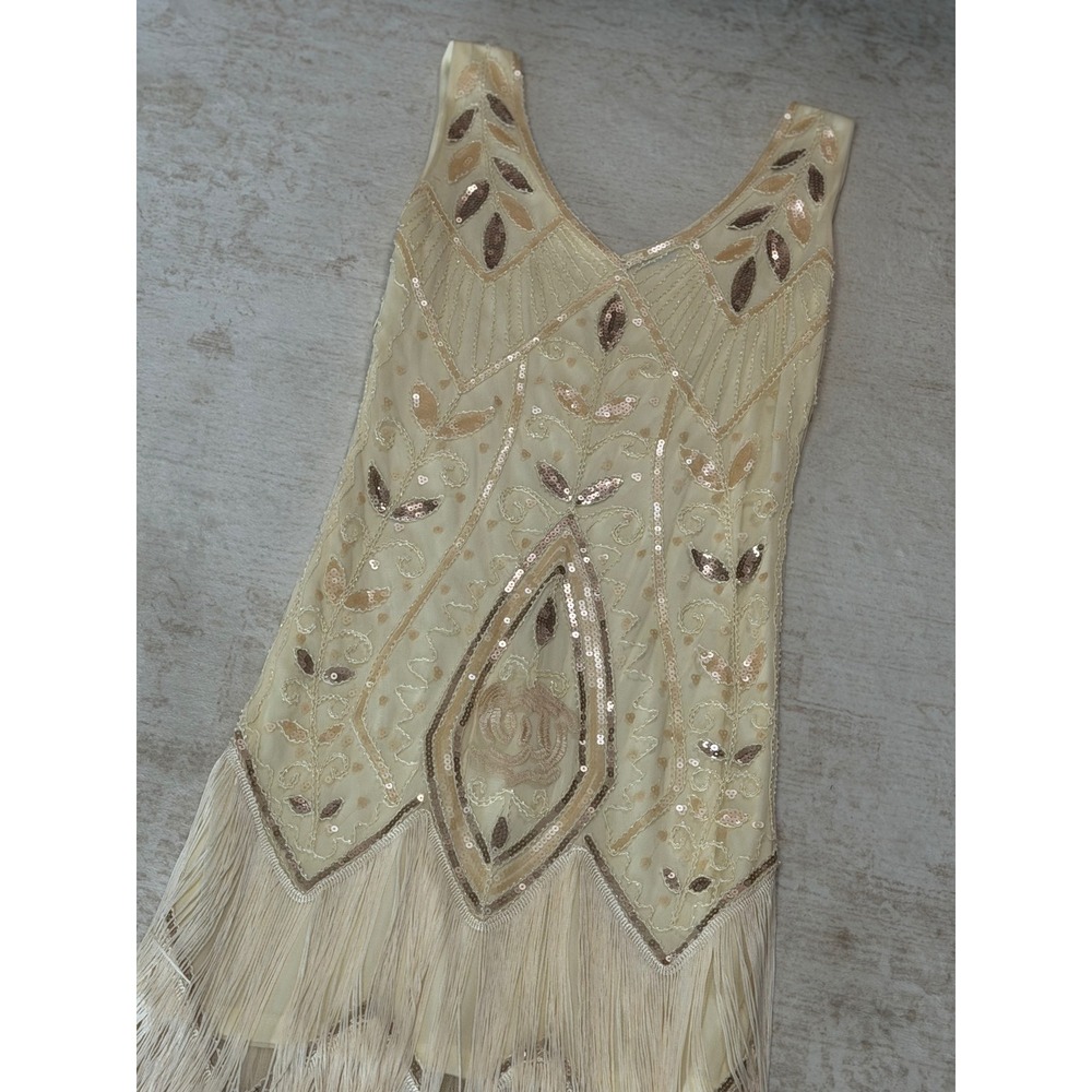 Champagne Sequin Beaded Flapper Dress Great Gatsby 1920s Fringe Cocktail Dress - Picture 3 of 15